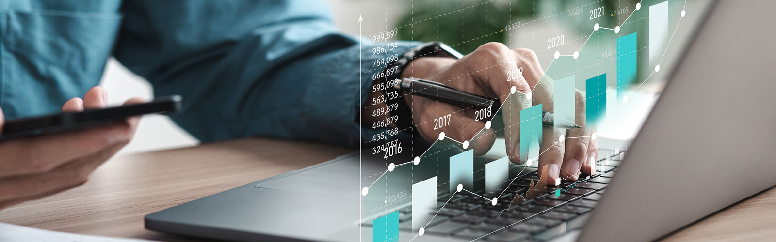 Digital abstract of laptop and financial chart transferring money.